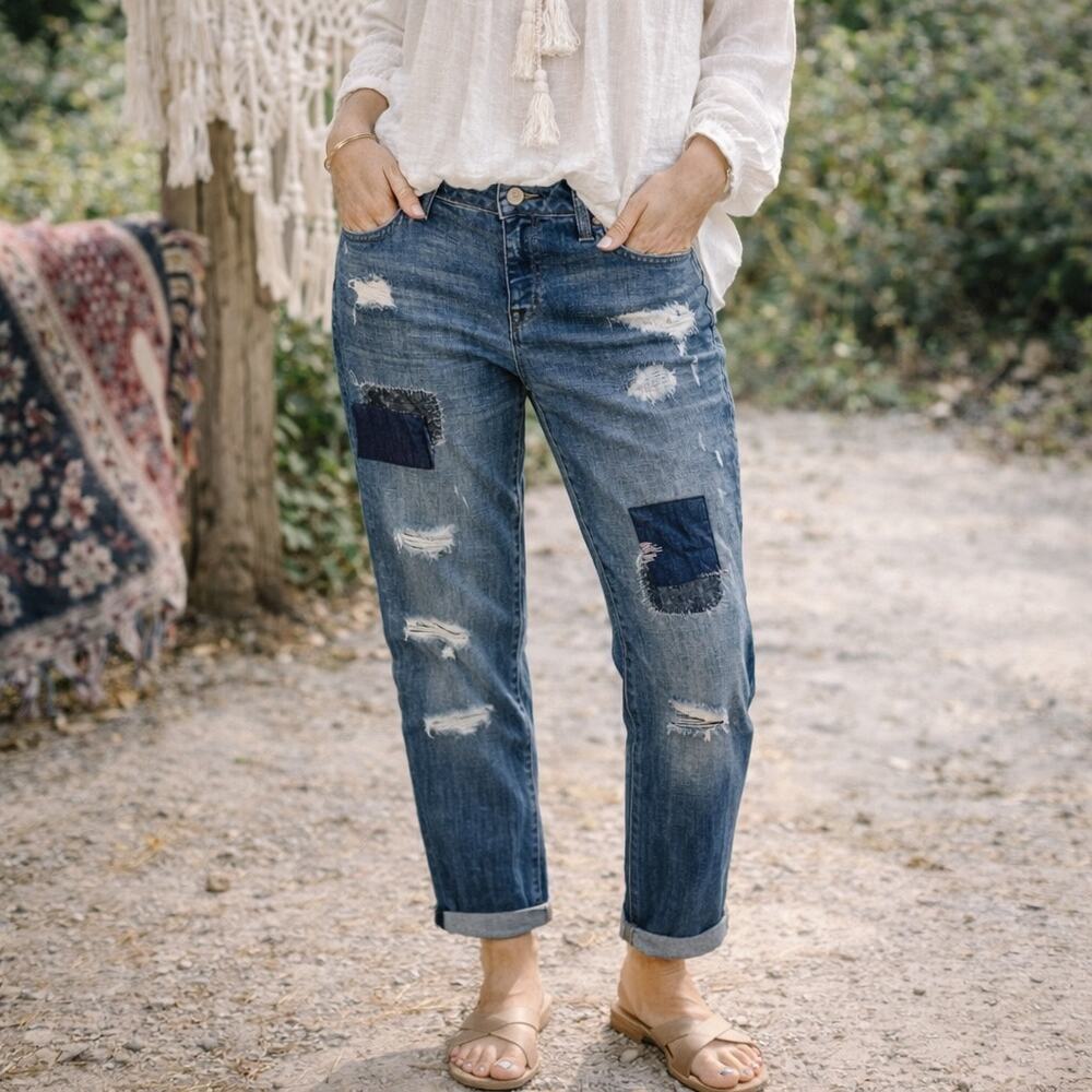 Tommy Hilfiger Blue Denim Distressed Patchwork Boyfriend Jeans 4